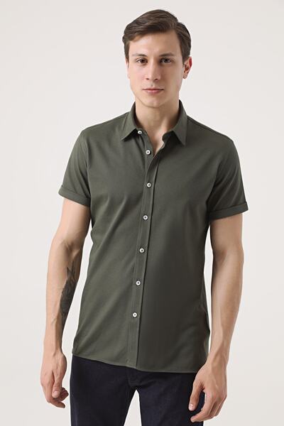 Tween Slim Fit Haki %100 Pamuk Örme Gömlek