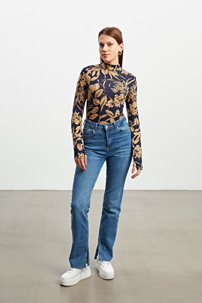 Bipantolon Жіночі сині камелеві пальто з листяним візерунком і деталями на пальцях