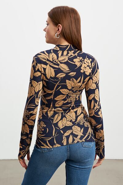 Bipantolon Жіночі сині камелеві пальто з листяним візерунком і деталями на пальцях