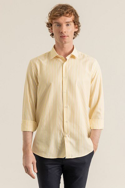 alenmeza Men's Yellow Striped Cotton Oxford Shamre Modern Fit Pocketless Shirt