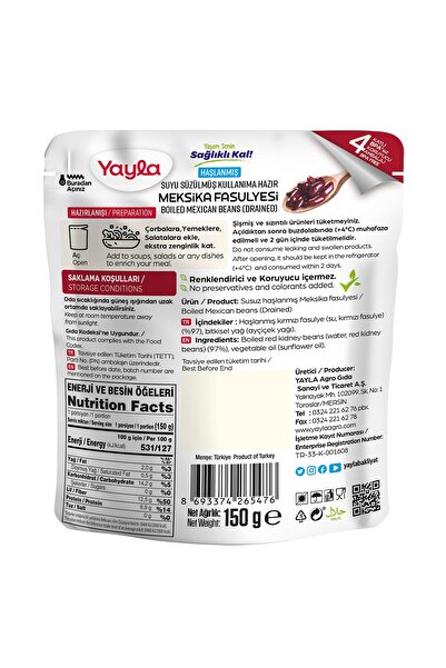 Yayla Haşlanmış Suyu Süzülmüş Meksika Fasulyesi 150 gr