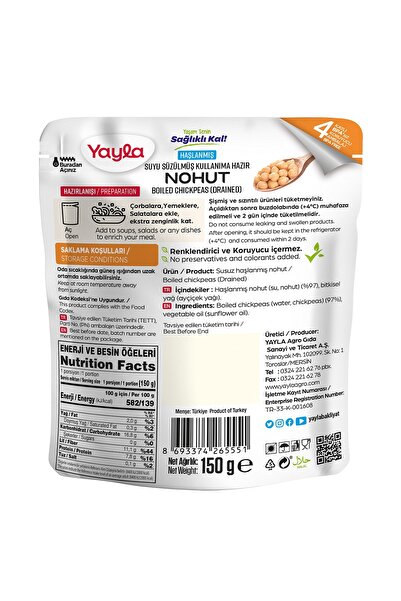 Yayla Haşlanmış Suyu Süzülmüş Nohut 150 gr