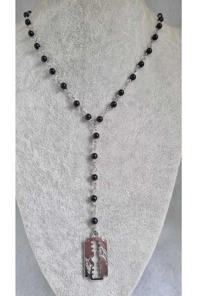 Fugusugu قلادة شفرة الحلاقة القوطية من الخرز الأسود