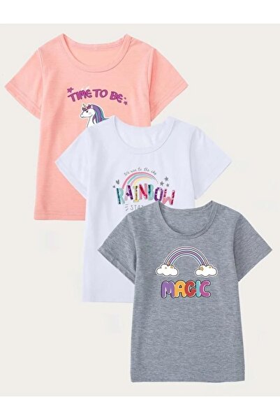 MORNİNG KİDS Tricou imprimat copii alb-gri-roz pachet de 3 tricouri
