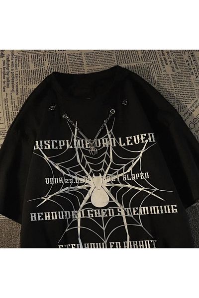 Gofeel Μαύρο μπλουζάκι Unisex Oversize με λεπτομέρεια Gothic Spider Chain με στάμπα με αράχνη