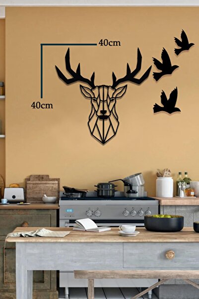 Genel Markalar Geyik Kafası Figürü Ve Kuşlar Ahşap Dekoru - Geyik Duvar Süsü ...