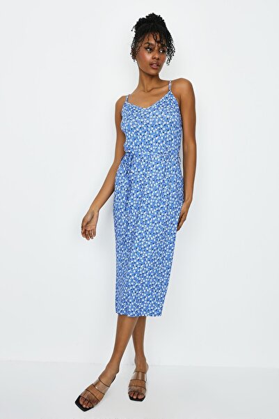 Select Moda Дамска синя дълга рокля с V-образно деколте и шарка