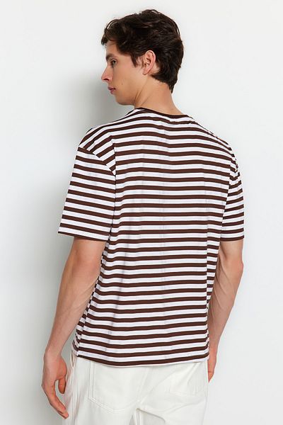 Trendyol Collection Светлокафява тениска с голямо деколте на райе - Tmnss20Ts0511