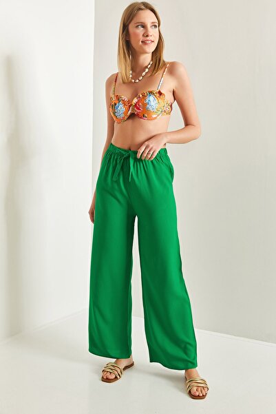 Bianco Lucci Damen-Hose aus Viskose mit weitem Bein und Taillengürtel