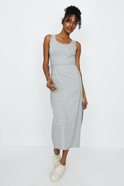 Select Moda Women's Gray Waist Belted Slit Long Dress