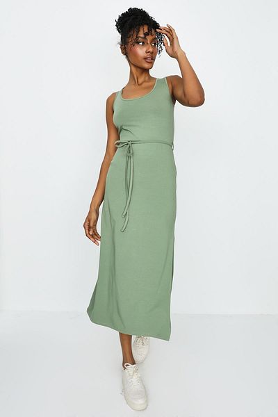 Select Moda Women's Khaki Waist Belted Slit Long Dress