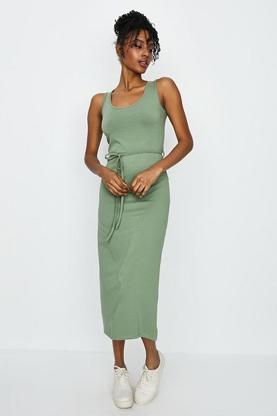 Select Moda Women's Khaki Waist Belted Slit Long Dress