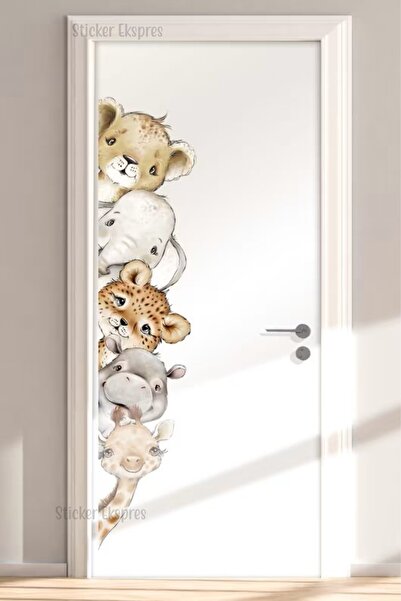 Sticker Ekspres Sağa Bakan Sevimli Safari Hayvanlar Kapı Duvar Süsü Sticker