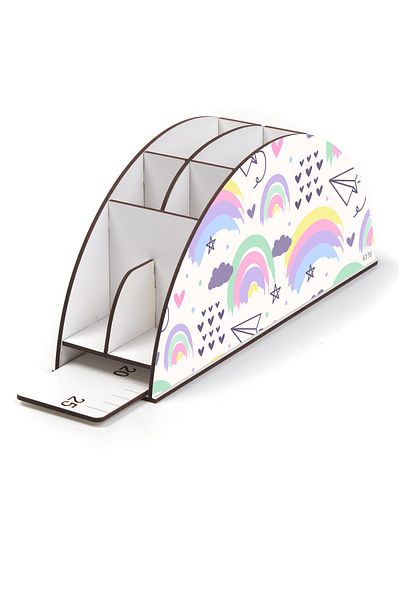 kutuTR Wooden Vip Rainbow Ruled Desktop Pen Holder For Kids Organizer Assembly Specially Boxed