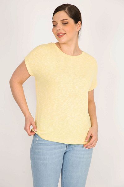 Şans Women's Yellow Large Size Crew Neck Low Sleeve Blouse 65n36105
