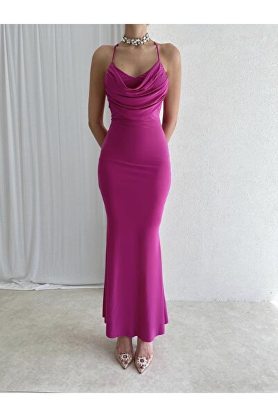 Afiş Butik Fuşya Sırt Detaylı Balık Kesim Midi Boy Elbise