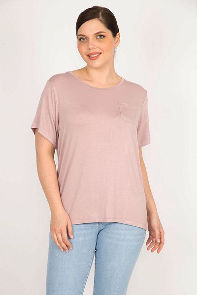 Şans Women's Powder Plus Size Crew Neck Peto Pocket Blouse 65n36106
