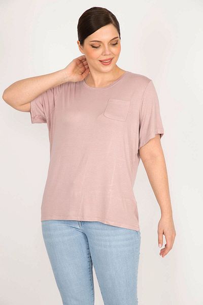 Şans Women's Powder Plus Size Crew Neck Peto Pocket Blouse 65n36106