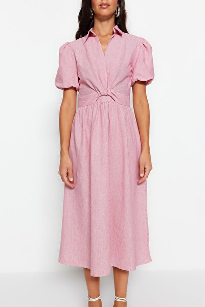 Trendyol Collection Rózsaszín csíkos duplasoros galléros Midi szövött ruha TWOSS23EL02233