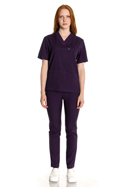 TIPMOD Unisex Yarasa Kol Likralı Doktor / Hemşire Forması Mürdüm / Scrubs