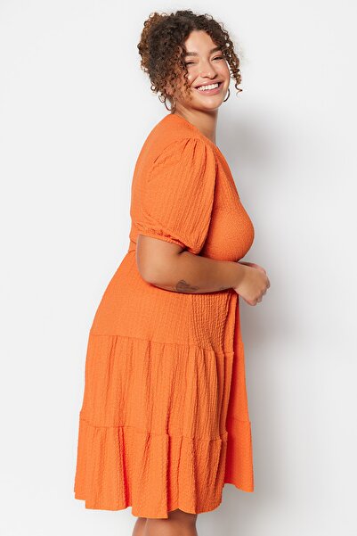 Trendyol Curve Light Orange Skater V Neck Double Breasted Closure Plus Size Knitted Dress Tbbss22El2987