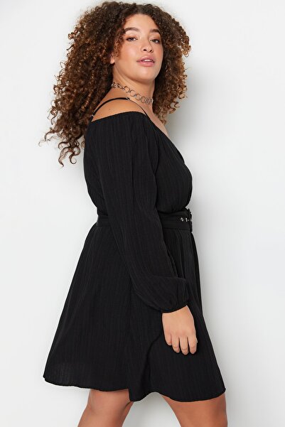 Trendyol Curve Rochie cu guler dublu țesut cu curea neagră TBBSS23AH00206