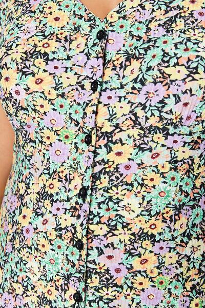 Trendyol Curve Multicolor Floral Print Button Knitted Plus Size Dress Tbbss23Ah00240