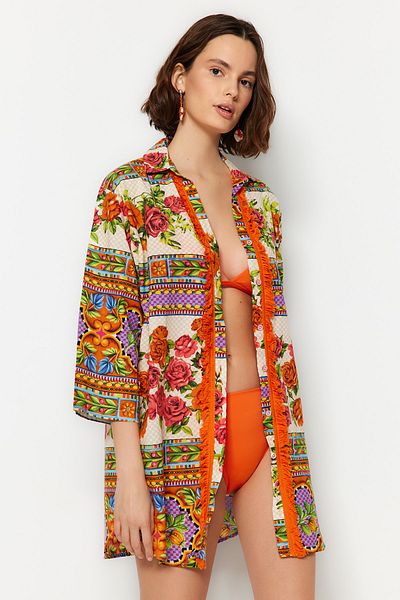 Trendyol Collection Ethnic Patterned Woven Tasseled 100% Cotton Shirt TBESS20GO0163