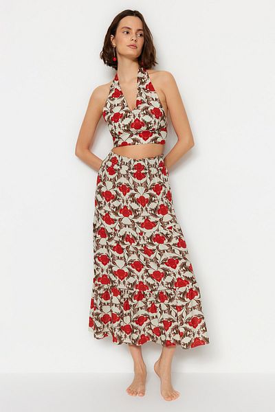 Trendyol Collection Floral Patterned Woven Back Low-cut Blouse Skirt Set TBESS23AU00184