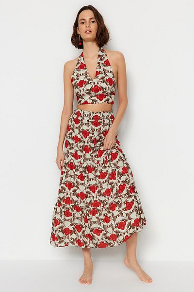 Trendyol Collection Floral Patterned Woven Back Low-cut Blouse Skirt Set TBESS23AU00184