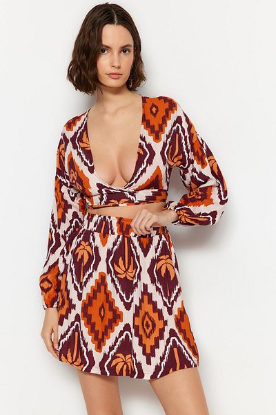 Trendyol Collection Tropical Patterned Woven Tied Blouse Skirt Set TBESS23AU00090