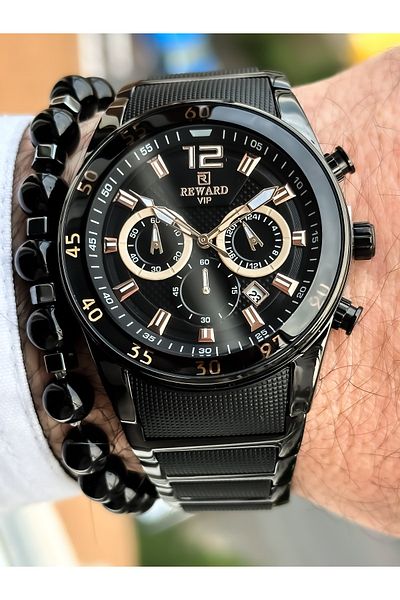 Reward Brand Functions Active Black Color Men's Wristwatch with Calendar + Bracelet + Rosary