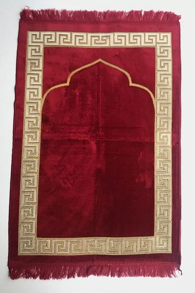 Kardelen Patternless, plain Prayer Rug Red, Velvet Yasin, Pearl Rosary