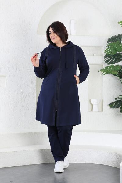 WestBound Navy Blue Stone Detailed Zippered Hooded Hijab Battal Women's Tracksuit Set