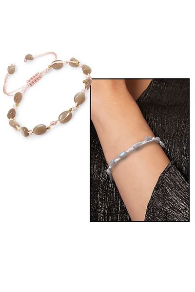 Tesbihane Macrame Braided Natural Cut Dorica Ball Detailed Sun Stone Natural Stone Women's Bracelet