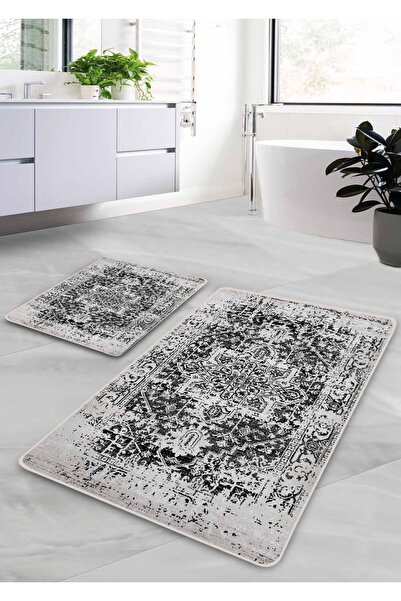 Pilloveland Kaymaz Taban Yıkanabilir 2’li Banyo Paspası - Siyah Farmhouse Desenli 60*100 Cm - 50*60 Cm
