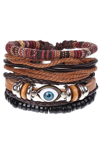 Tesbihane Multi-Layer Leather & Metal Alloy Combination Ethnic Design Eye Detailed Retro Women's Bracelet
