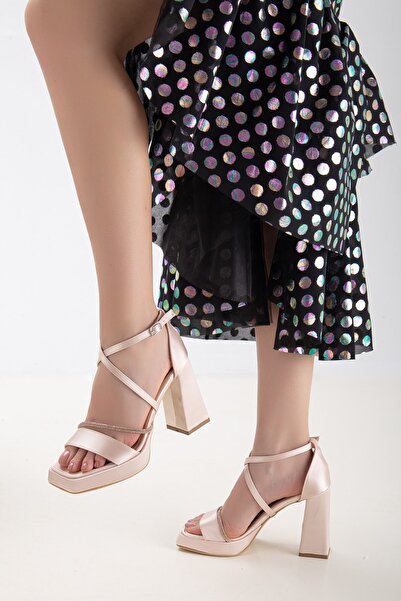 LİLLA Women's Angular Platform High Thick Heeled Evening Dress Shoes