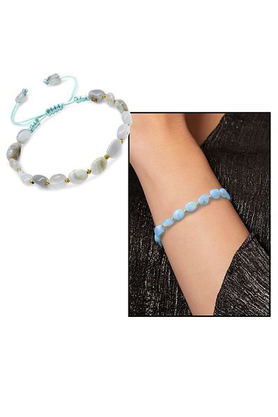 Tesbihane Macrame Braided Natural Cut Chalcedony Natural Stone Women's Bracelet