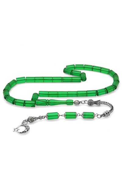 Tesbihane Non-Tarnish Metal Tasseled Cut Green Fire Amber Rosary