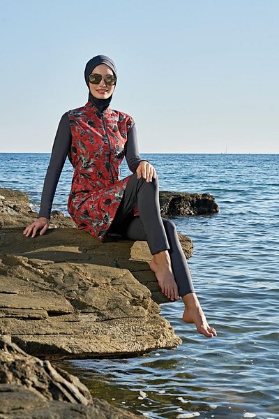 Ruko Maio Women's Long Sleeve Zippered Lycra Woven Red Hijab Swimsuit 2c3t1n11-4