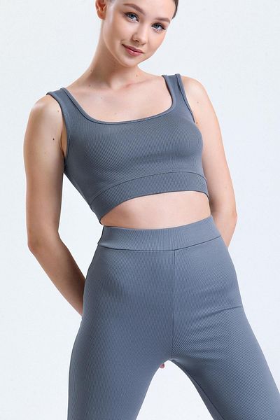 THIFF GYMWEAR Anthracite Corded Square Collar Flexible Knitted Crop Bustier Tank Top