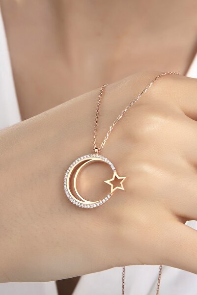 Gümüş Vadisi Kadın Orjinal 925 Ayar Gümüş Zirkon Taşlı Ay Yıldız Model Kolye