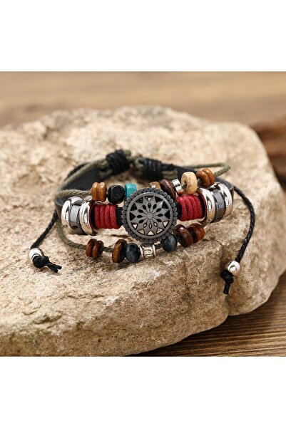 Tesbihane Multi-Layer Leather & Metal Alloy Combination Ethnic Design Retro Men's Bracelet with Sun Detail