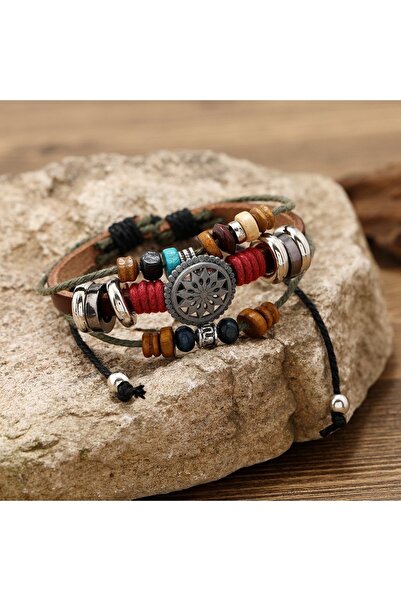 Tesbihane Multi-Layer Leather & Metal Alloy Combination Ethnic Design Retro Men's Bracelet with Sun Detail