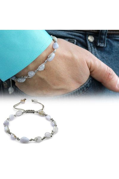 Tesbihane Macrame Braided Natural Cut Dorica Ball Detailed Chalcedony Natural Stone Men's Bracelet