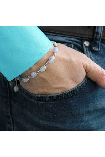 Tesbihane Macrame Braided Natural Cut Dorica Ball Detailed Chalcedony Natural Stone Men's Bracelet