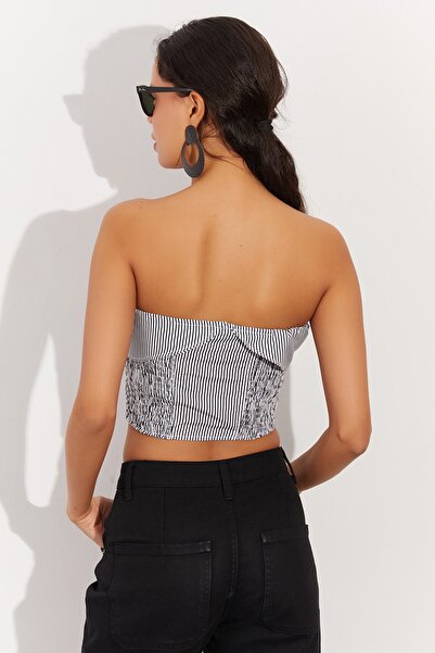 Cool & Sexy Γυναικεία Μπλούζα Στράπλες με Ριγέ Λευκό-Μαύρο με φερμουάρ SF1561