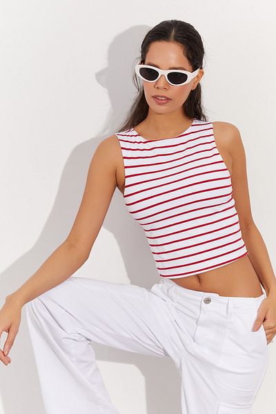 Cool & Sexy Dámská červená proužkovaná krátká halenka İZ7U
