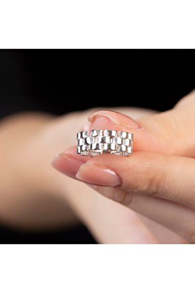 Tesbihane Zincir Tasarım Silver Renk Free Size 925 Ayar Gümüş Kadın Tektaş Yüzük